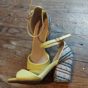 Yellow Strappy Heels with Patterned Block Heel
